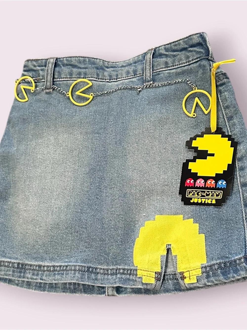 Girls Justice Pac-Man Patch Denim Mini Skirt With Belt **Broken Size Small 7/8